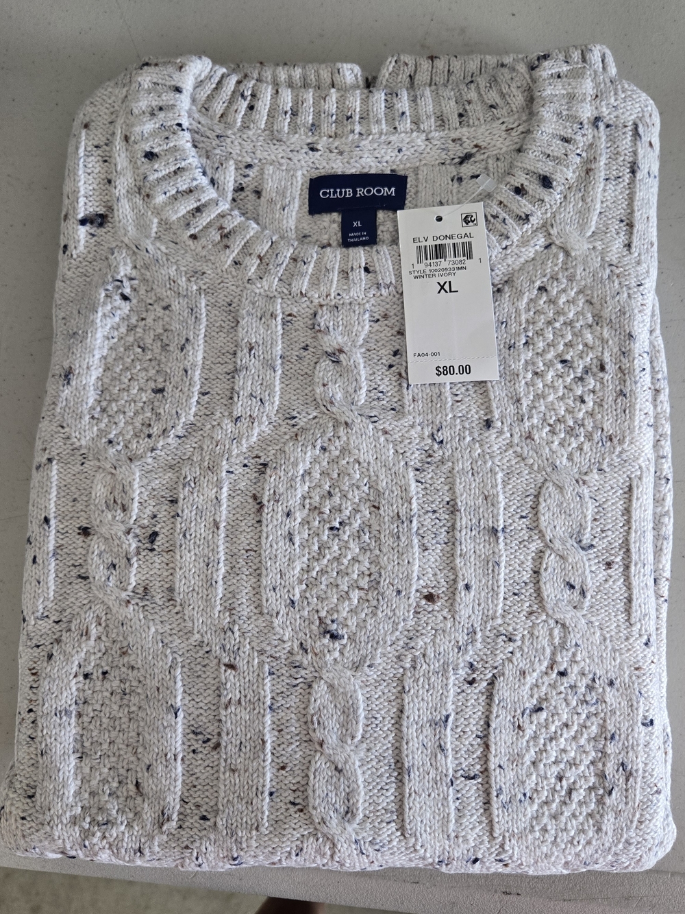 Club Room Men’s XL Cable Knit Ivory Speckle Sweater NWT  Size XL
